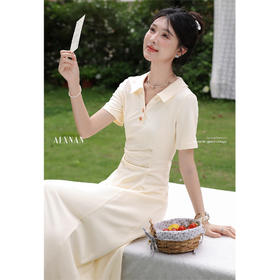 鹿向南「诗页篇章」法式气质POLO领短袖连衣裙女夏季收腰黄色长裙QYM002555