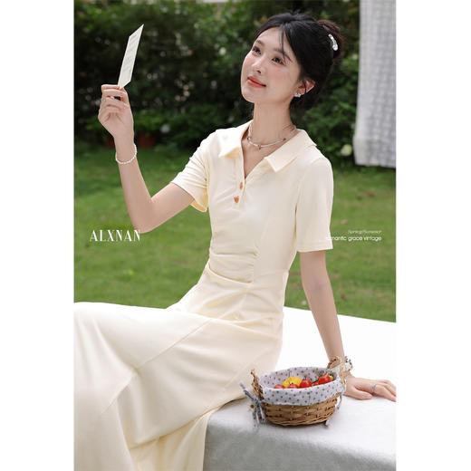 鹿向南「诗页篇章」法式气质POLO领短袖连衣裙女夏季收腰黄色长裙QYM002555 商品图0