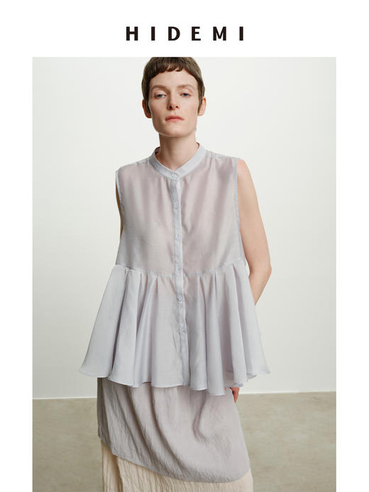HIDEMI云雾紫极简设计感圆领纽扣褶皱拼接清透感背心上衣 商品图0