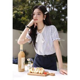 鹿向南「蓝絮未央」法式蓝白条纹v领衬衫女夏新款设计感短袖上衣L53631