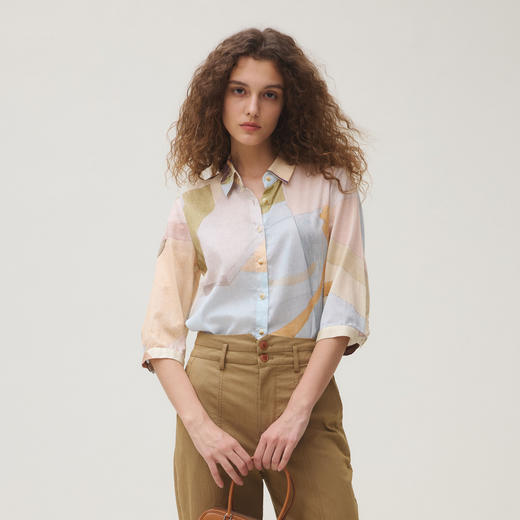 谜底衬衣七分袖女2025秋新品复古通勤印花合体100棉衬衫253MC1008 商品图0