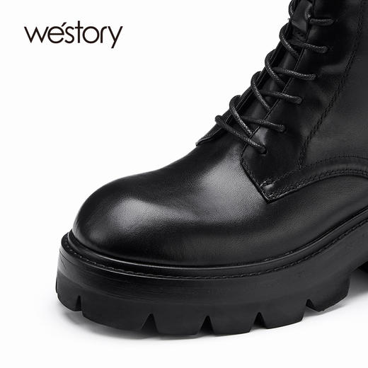 westory2022年新款秋冬英伦风厚底粗跟圆头绑带马丁靴女81951 商品图3
