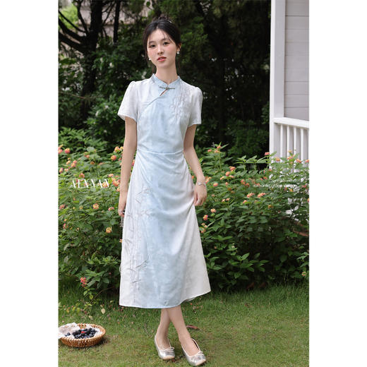 鹿向南「仙仙竹韵」蓝色旗袍连衣裙女夏季新款短袖新中式国风长裙 商品图3