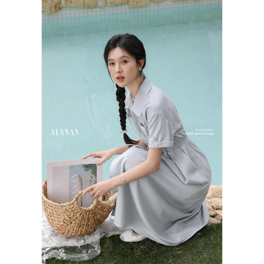 鹿向南「悠然气质」蓝色连衣裙女夏短袖衬衫裙收腰长裙子 商品图1