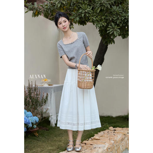 鹿向南 「烂漫际遇」法式气质短袖t恤女夏季别致设计感灰色针织衫 商品图3