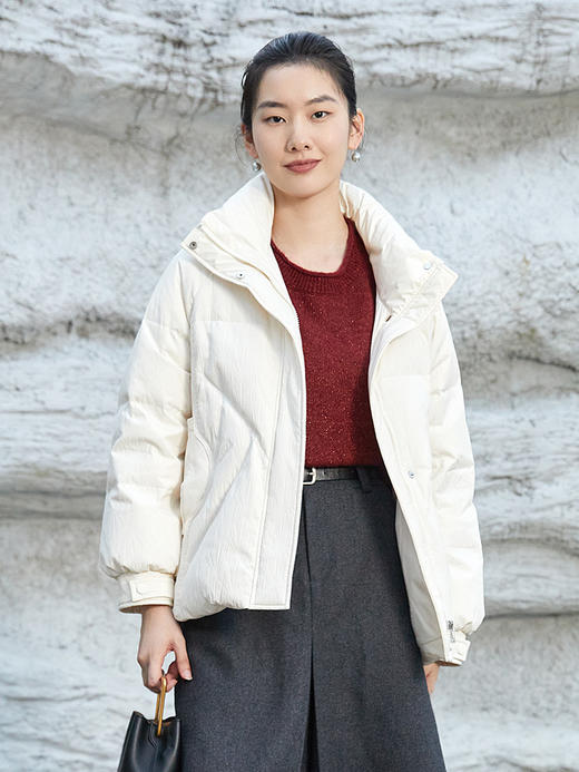 轻熟氛围感冬季保暖 奶杏色肌理绗缝立领羽绒服 宽松版型休闲短款外套 商品图0