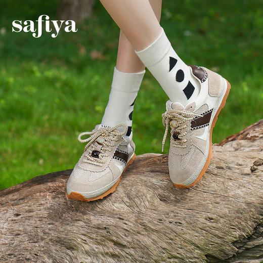 预售7天|Safiya/索菲娅2025时尚撞色编织休闲透气百搭复古薄底德训鞋SFD3112433 商品图2