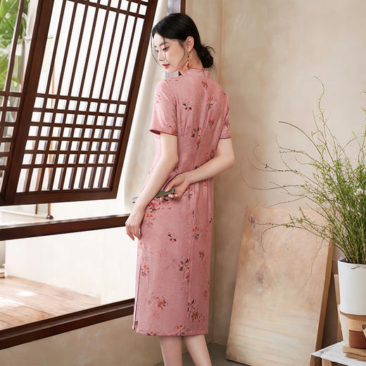 新中式国风花卉印花连衣裙夏季古典立领盘扣短袖改良旗袍V0050800 商品图4
