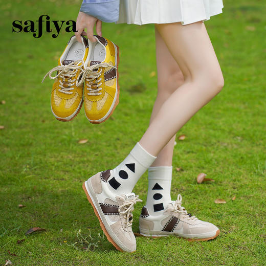 预售7天|Safiya/索菲娅2025时尚撞色编织休闲透气百搭复古薄底德训鞋SFD3112433 商品图3