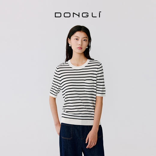 东黎 • 温柔的海风 海魂衫 桑蚕丝女士圆领彩条短袖 5223 商品图0