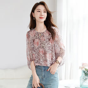 100%桑蚕丝乔其印花打底小衫，半袖圆领气质休闲真丝衬衫SM-1165