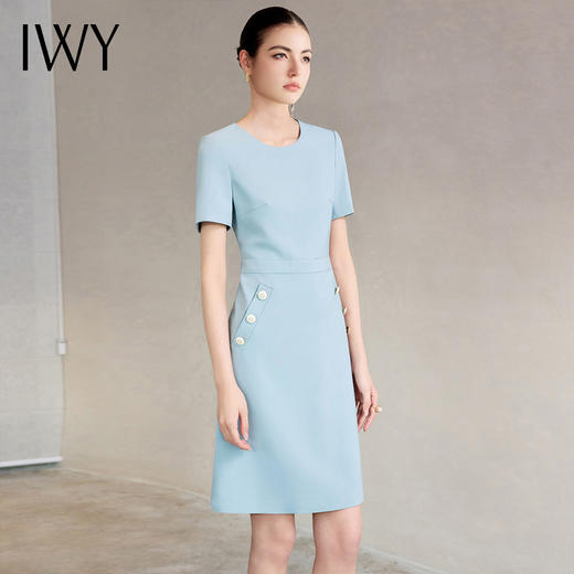 IWY/蓝色短袖圆领连衣裙女收腰汉堡显瘦珠宝销售工作服医美正装25Q736 商品图2