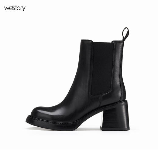 westory冬季弹力松紧圆头短靴黑色粗高跟切尔西靴女秋冬82081 商品图1