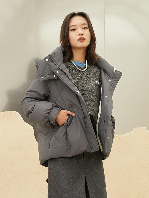 冬季新款灰色立领连帽羽绒服女宽松显瘦保暖白鸭绒面包服短款外套 商品图1