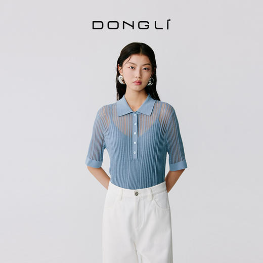 东黎 • 温柔的海风 波光透影 桑蚕丝山羊绒 女士T恤领短袖 5207 商品图4