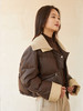 深棕色撞色针织领短款羽绒服 复古风拉链口袋皮感外套 冬季保暖显瘦个性女式上衣 商品缩略图0