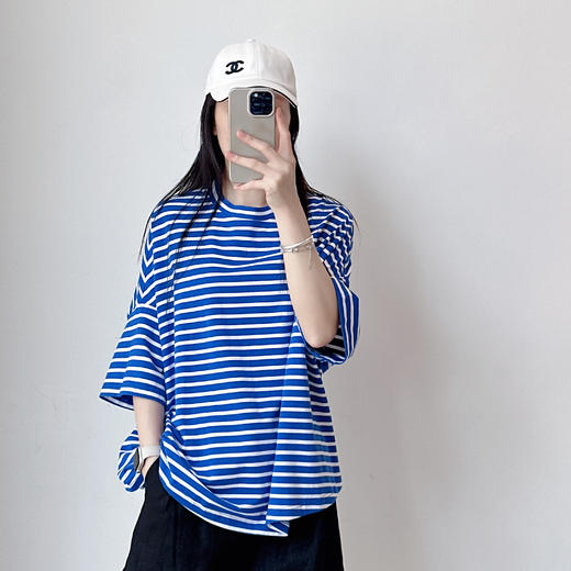 时尚休闲百搭显瘦短袖T恤女宽松洋气条纹打底衫 商品图2
