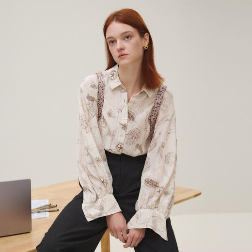 谜底衬衣长袖女2025秋季新品复古通勤复古印花绣花衬衫253MC1029 商品图1