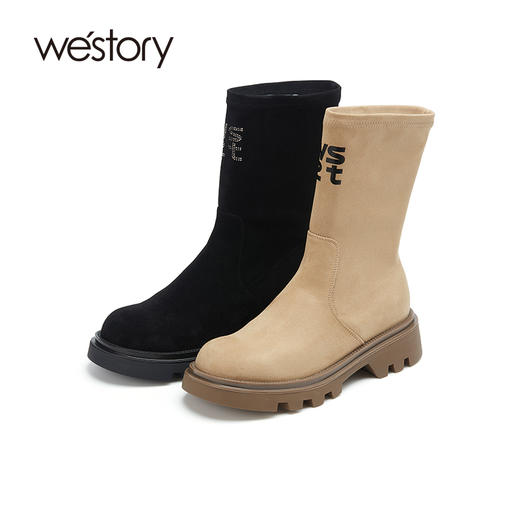 westory真皮厚底瘦瘦靴22年秋冬新款短筒圆头百搭增高靴W22DS82041 商品图0