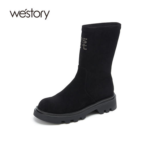 westory真皮厚底瘦瘦靴22年秋冬新款短筒圆头百搭增高靴W22DS82041 商品图2