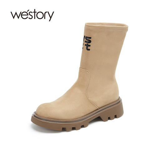 westory真皮厚底瘦瘦靴22年秋冬新款短筒圆头百搭增高靴W22DS82041 商品图1