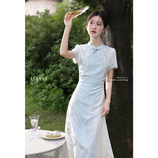 鹿向南「仙仙竹韵」蓝色旗袍连衣裙女夏季新款短袖新中式国风长裙 商品图4