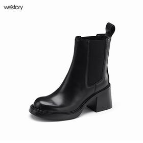 westory冬季弹力松紧圆头短靴黑色粗高跟切尔西靴女秋冬82081