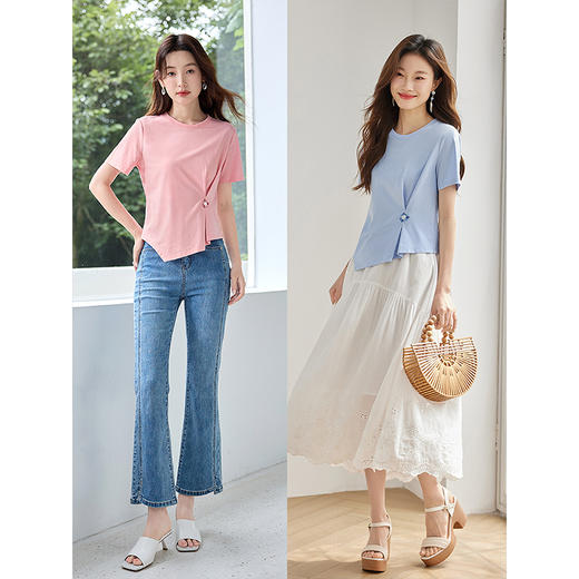 【五折购】熙世界不规则捏摺白色T恤短袖休闲圆领独特别致上衣2025夏新款 商品图5