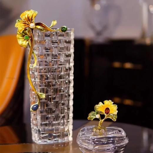 【清仓特惠6折，仅1件，无货退款】罗比罗丹平安吉祥珐琅彩水晶玻璃花瓶餐桌插花摆件现代简约装饰瓶花瓶（金香恒远中） 商品图2