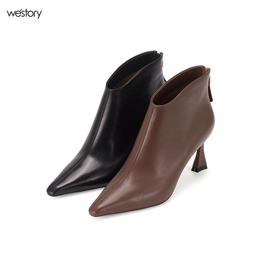 westory2024秋冬新款时尚尖头真皮细高跟英伦风纯色优雅时装靴女W24DS84121 商品图0