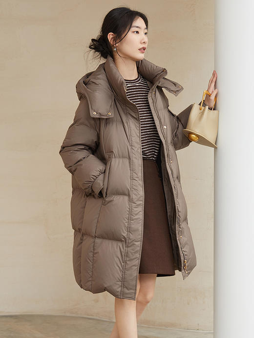 深棕色长款羽绒服女 连帽可拆卸 冬季加厚保暖宽松过膝面包服外套 商品图1