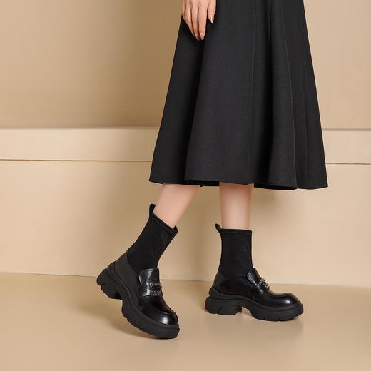 westory2024秋冬新款英伦风真皮弹力厚底显瘦百搭气质乐福袜靴女S24DS83991 商品图4