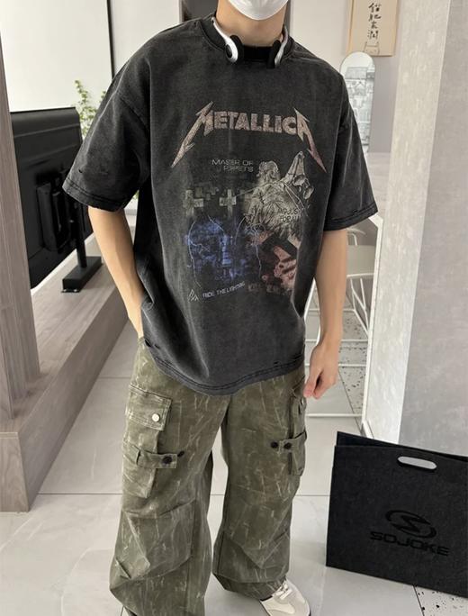 点此购买 METALLICA夏季男女款摇滚乐队限定复古水洗做旧破坏高街短袖T恤 md 321793 商品图3