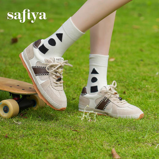 预售7天|Safiya/索菲娅2025时尚撞色编织休闲透气百搭复古薄底德训鞋SFD3112433 商品图4