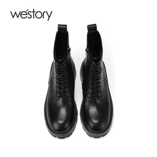 westory2022年新款秋冬英伦风厚底粗跟圆头绑带马丁靴女81951 商品图2