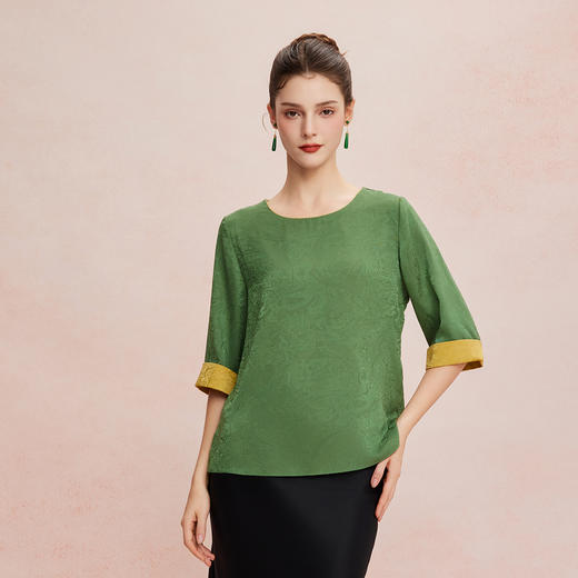 QF260斯尔丽25新款圆领国风系列精致提花工艺中袖撞色宽松显瘦上衣 商品图5