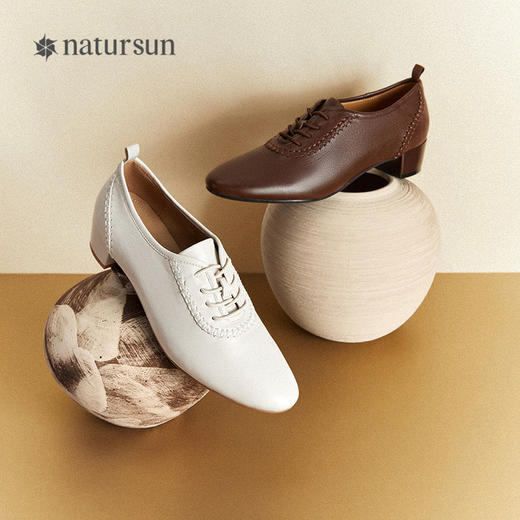 natursun尖头单鞋女系带简约百搭粗跟英伦风休闲皮鞋N25480101 商品图3
