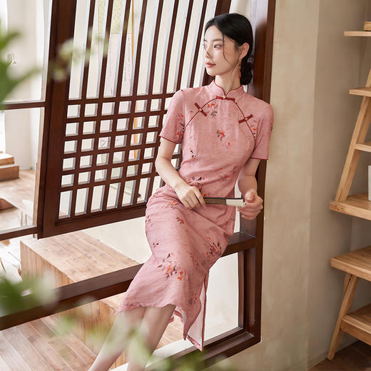 新中式国风花卉印花连衣裙夏季古典立领盘扣短袖改良旗袍V0050800 商品图3