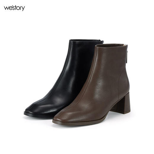 WESTORY2023年冬季新款方头粗高跟靴皮面气质时装靴百搭短靴女S23DS83751 商品图0