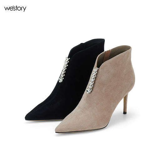 westory2024秋冬新款百搭尖头细中跟短靴绒面水钻时装靴女W24DS84151 商品图0
