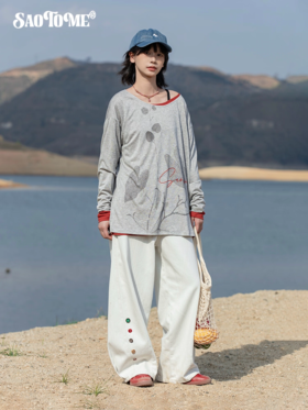 早乙女惠子saotome/STMCX252339/一字肩植物印花凉感长袖t