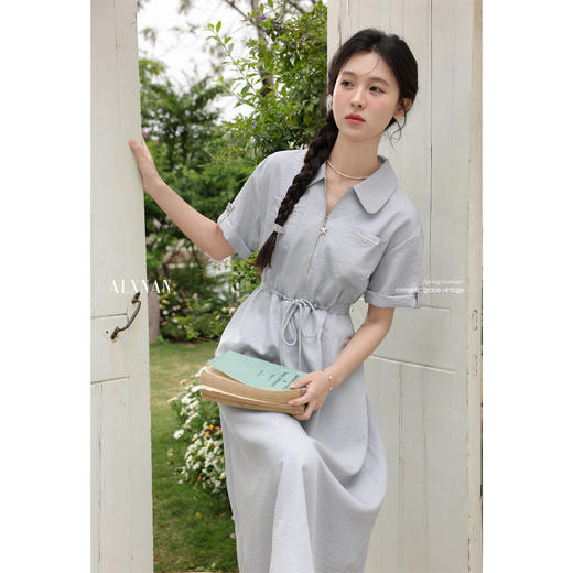 鹿向南「悠然气质」蓝色连衣裙女夏短袖衬衫裙收腰长裙子 商品图3