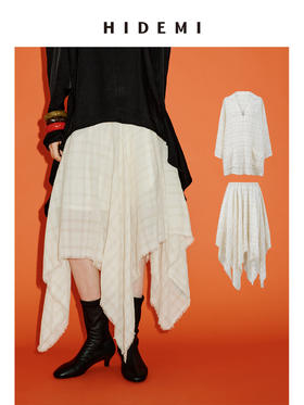 HIDEMI 极简设计感进口艺术感雕花色织格纹自然环保工艺原麻色西装翻领大口袋廓形上衣半裙套装 上衣/不规则半裙