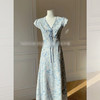 西遇碎花飞袖连衣裙女夏季新款蓝色系带法式v领收腰长裙SS050987 商品缩略图4