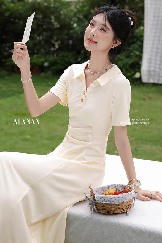 鹿向南「诗页篇章」法式气质POLO领短袖连衣裙女夏季收腰黄色长裙QYM002555 商品图4