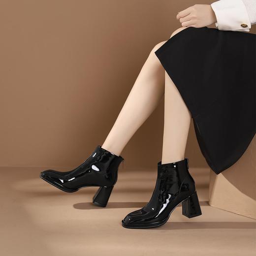 WESTORY2023年冬季新款方头亮面粗高跟时装靴时髦百搭短靴女S23DS83591 商品图6