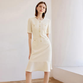 高端米白色小香风圆领连衣裙女夏新款短袖法式鱼尾裙通勤工作服