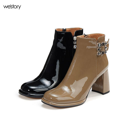 WESTORY2023年冬季新款圆头粗高跟靴亮面时髦大钻扣时装靴百搭短靴女S23DS83631 商品图0