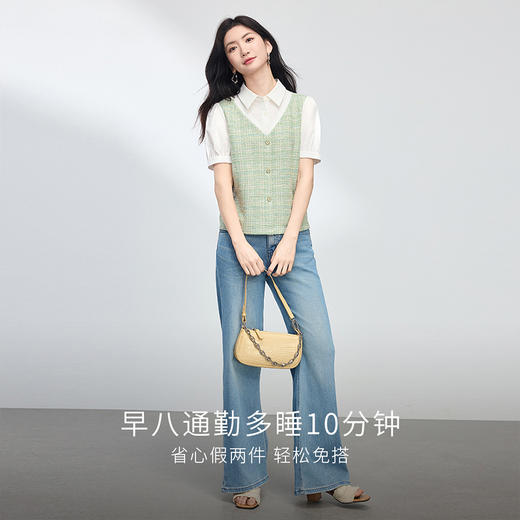 【专属特价】熙世界小香风马甲拼接短袖衬衫女假两件洋气别致上衣2025夏季新款 商品图2