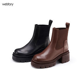 westory2022新款秋冬松紧圆头厚底切尔西靴女粗跟拼接短靴82151